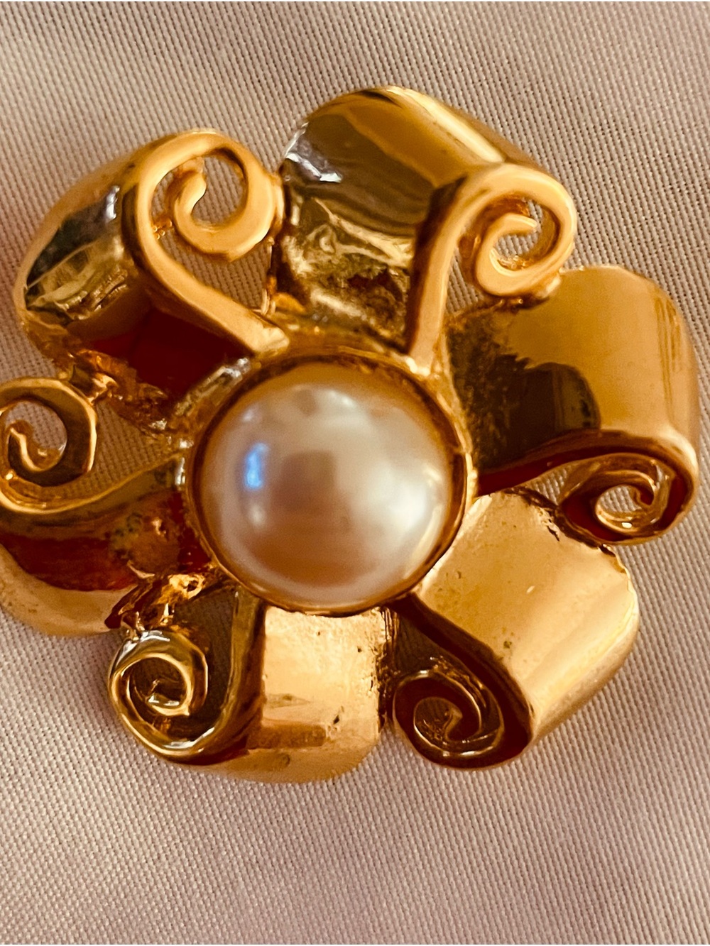 Gold-Tone Floral Brooch with Faux Pearl Center